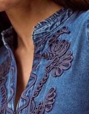 Melissa Embroidered Denim Midi Dress, Blue (MID AUTHENTIC BLUE), large