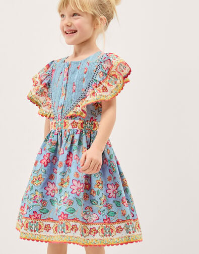 Adara Floral Print Broderie Dress, Blue (BLUE), large