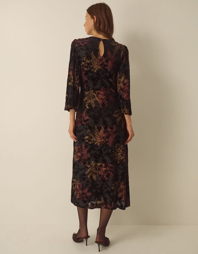 Dora Long Sleeve Floral Devor&eacute; Midi Dress, Black (BLACK), large