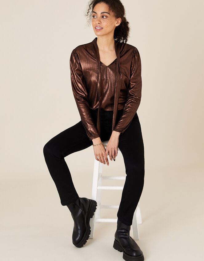 Madeline Metallic Pussybow Blouse, Bronze (BRONZE), large