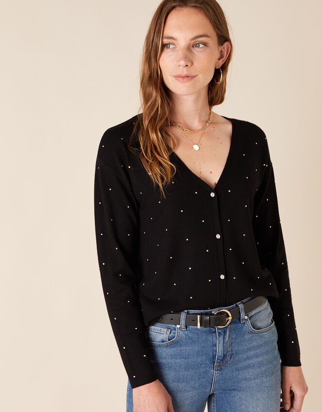 Hotfix Gem Knit Cardigan with Sustainable Viscose, Black (BLACK), large