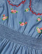 Floral Embroidered Chambray Dress, Blue (BLUE), large