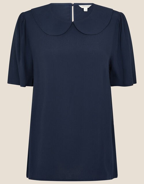 Collared Short Sleeve Top, Blue (NAVY), large
