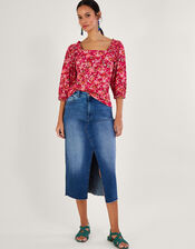 Ditsy Floral Print Top in Linen Blend , Red (RED), large