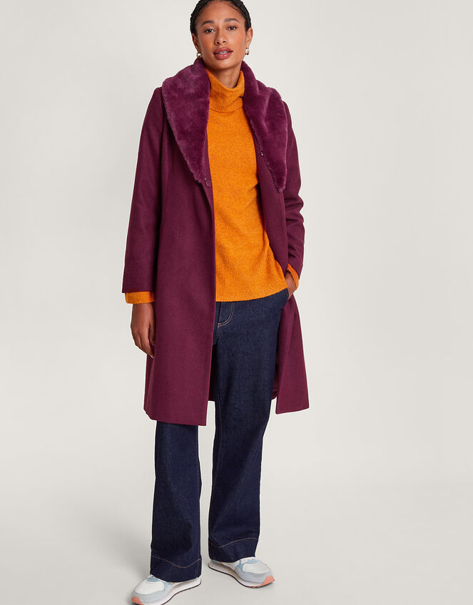 Rufus Fur Collar Belted Coat with Recycled Polyester, Red (WINE), large