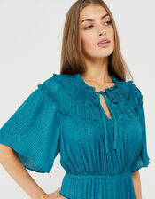 Sienna Satin Jacquard Tiered Midi Dress, Teal (TEAL), large