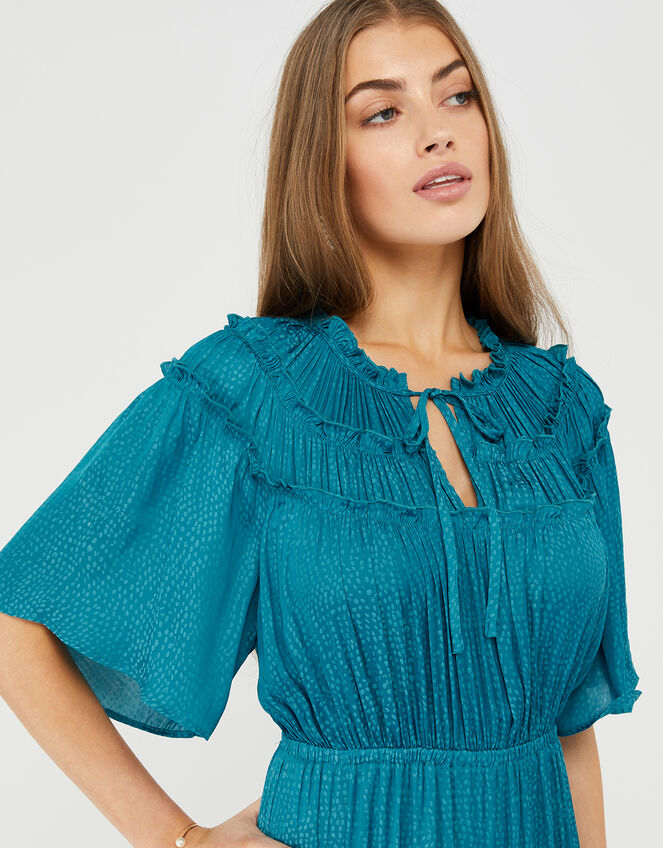 Sienna Satin Jacquard Tiered Midi Dress, Teal (TEAL), large