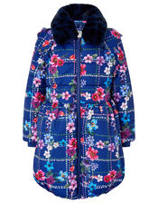 Floral Check Padded Coat in Recycled Fabric, Blue (NAVY), large