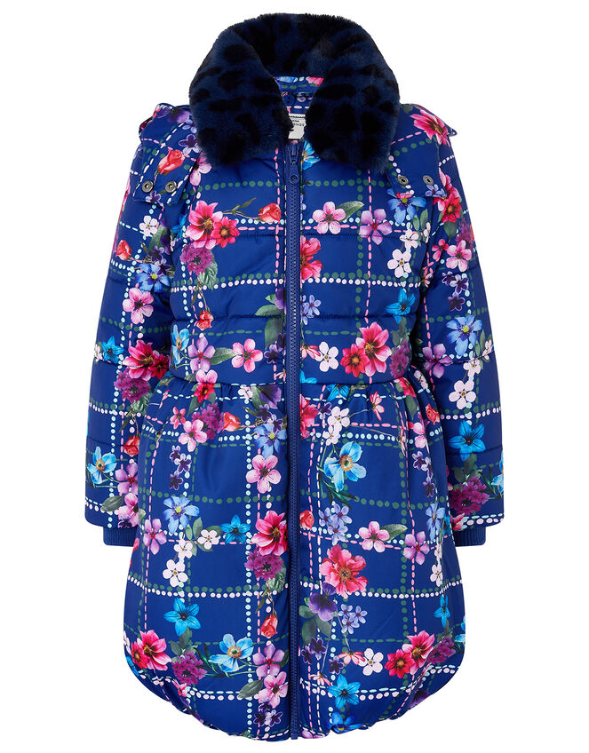 Floral Check Padded Coat in Recycled Fabric, Blue (NAVY), large