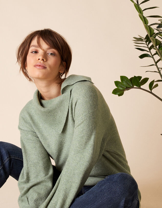 Split Neck Knit Jumper, Green (GREEN), large