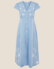Embroidered Midi Dress in Linen Blend, Blue (BLUE), large