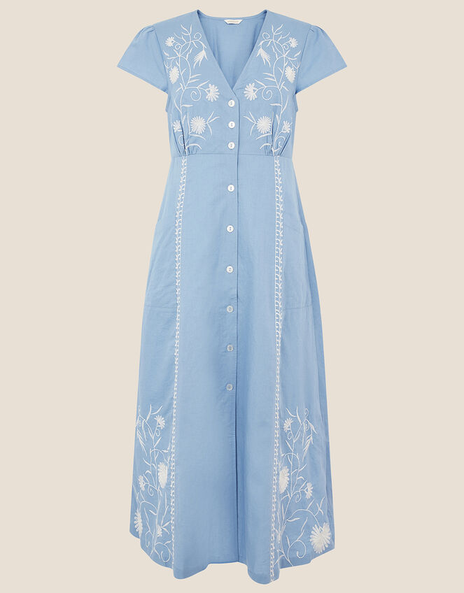 Embroidered Midi Dress in Linen Blend, Blue (BLUE), large