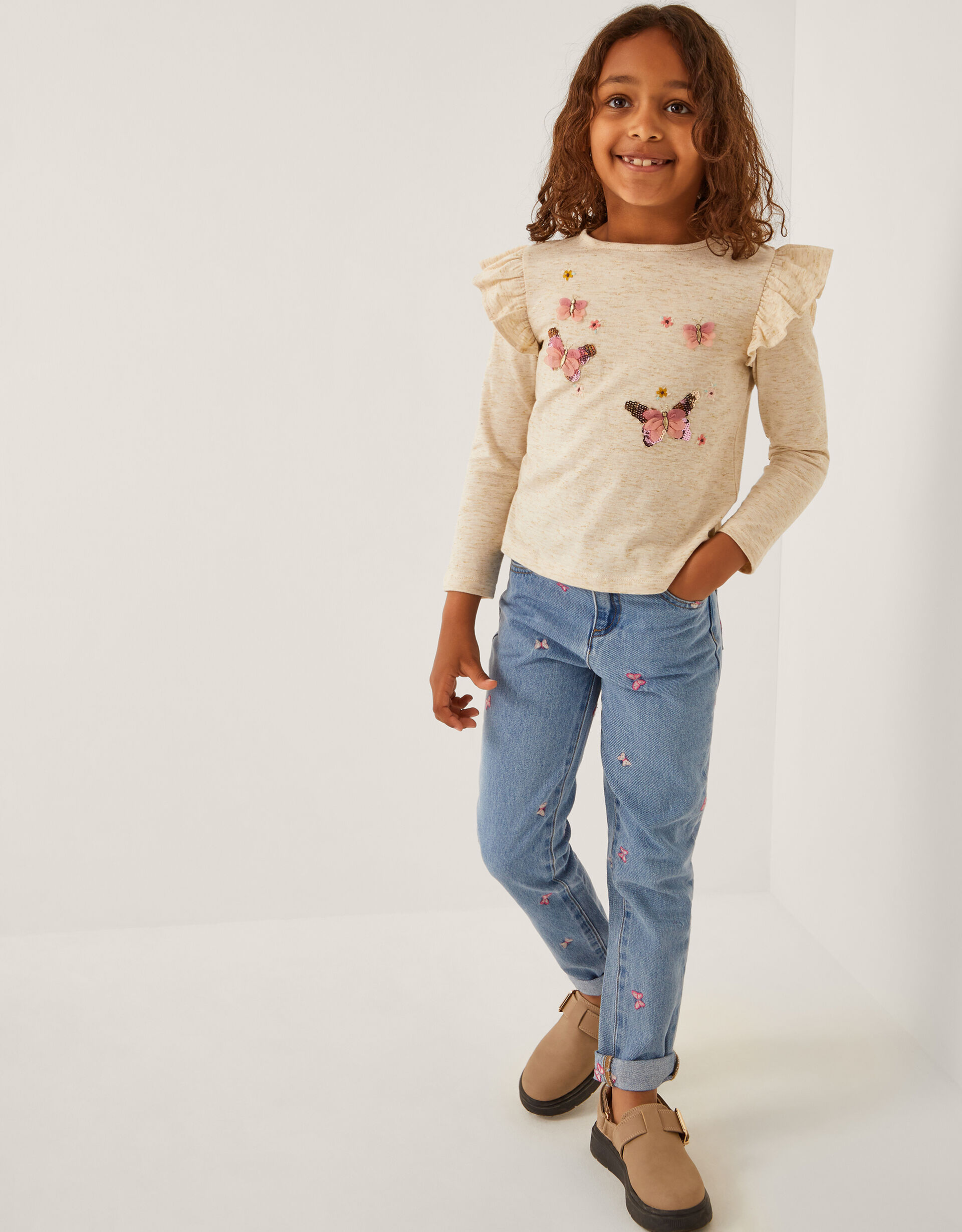 Butterfly Embroidered Straight Leg Jeans Blue