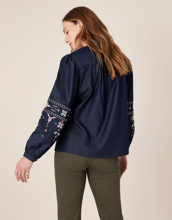 Boho Embroidered Blouse in Pure Cotton, Blue (DENIM BLUE), large