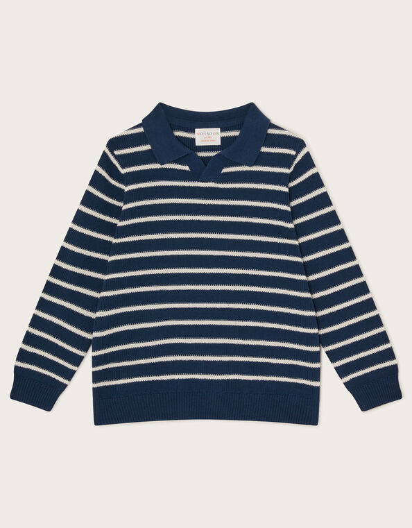 Stripe Knit Polo Jumper, Blue (NAVY), large