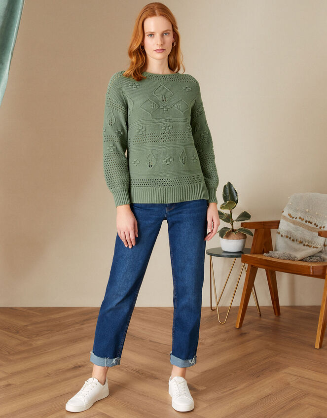 Stitch and Bobble Detailed Jumper in Recycled Cotton, Green (KHAKI), large
