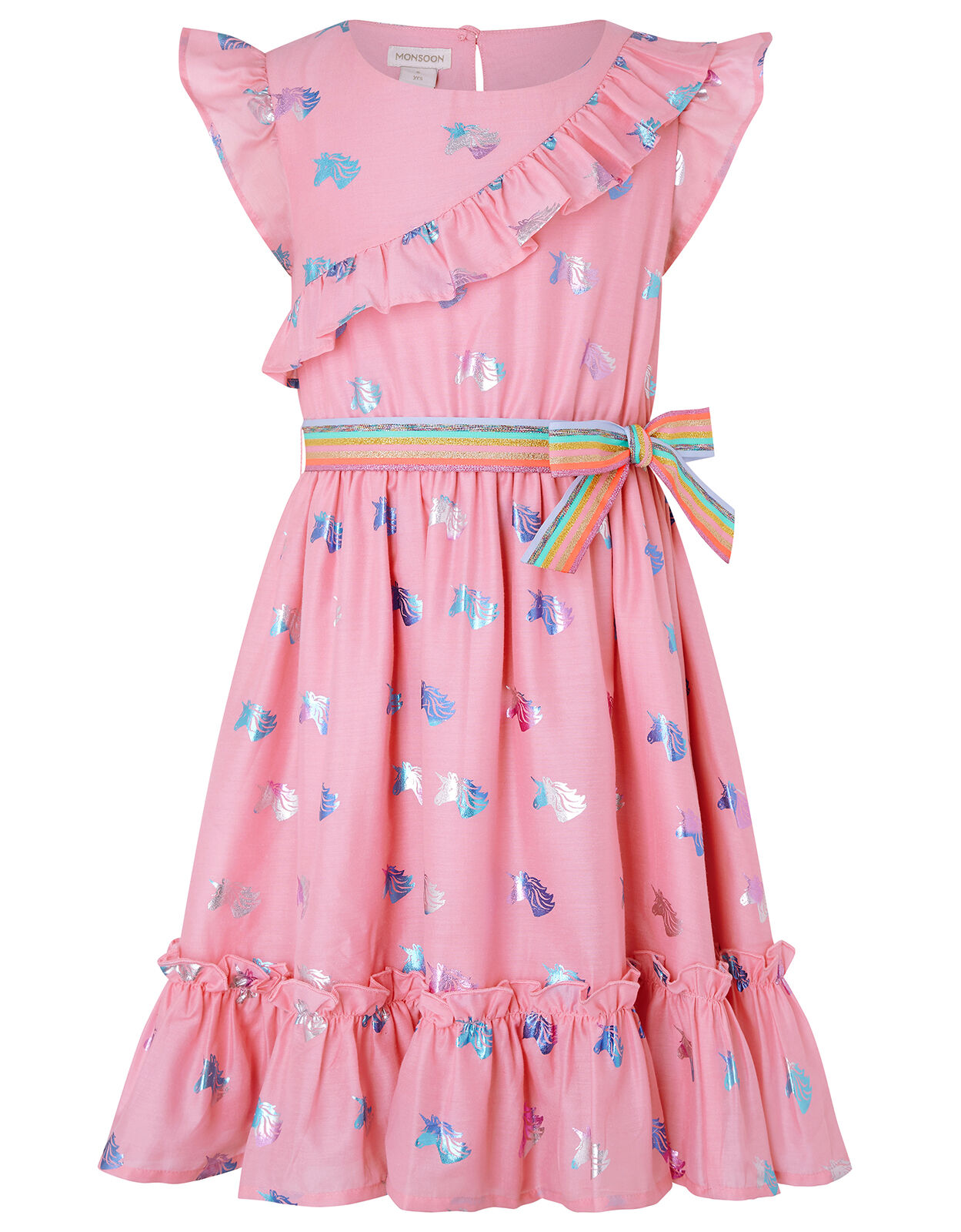 Foil Unicorn Dress with Rainbow Belt Pink