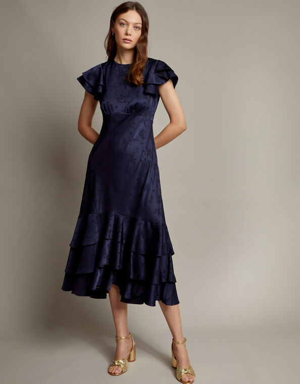 Ester Satin Ruffle Midi Dress, Blue (NAVY), large