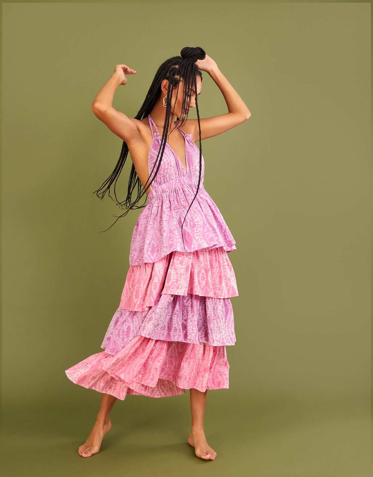 Shibori Dye Print Tiered Dress Purple