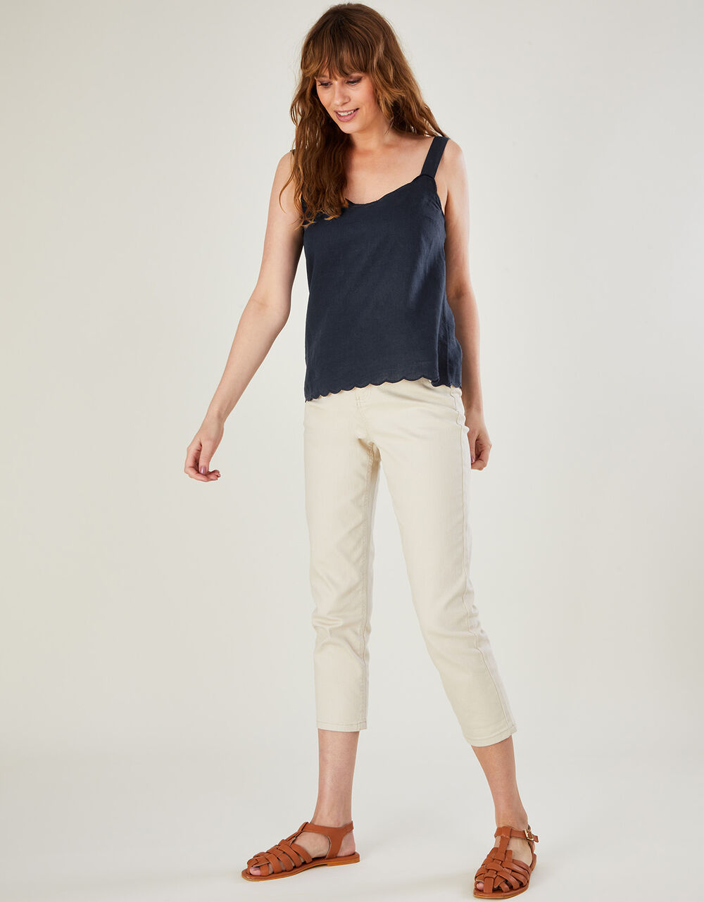 Women Women's Clothing | Scallop Plain Cami Top in Linen Blend Blue - ZT62612