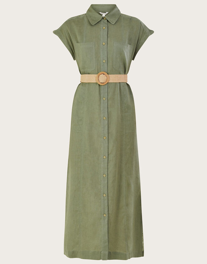 Belted Midi Dress in Linen Blend, Green (KHAKI), large