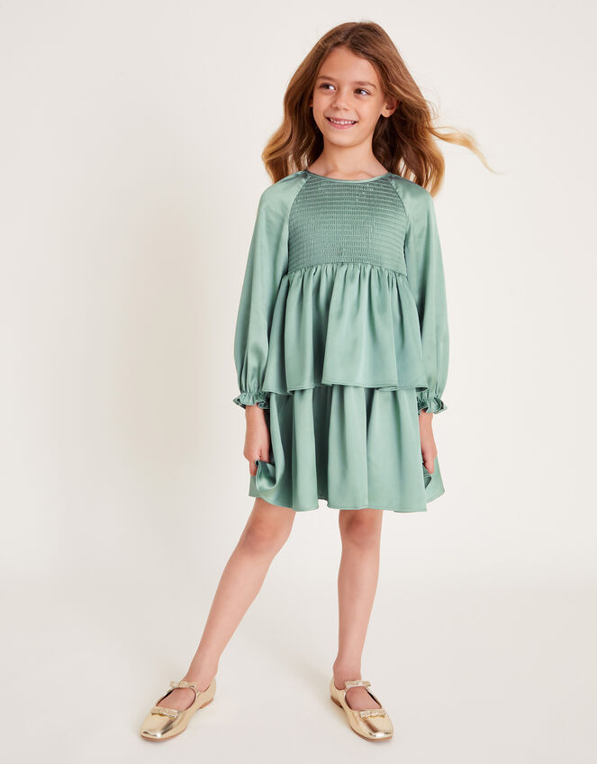 Long Sleeve Smocked Satin Dress, Green (GREEN), large