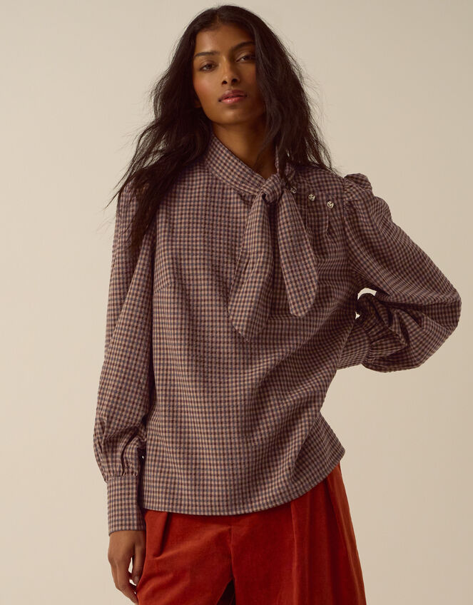 Myla Tie Neck Gingham Top, Brown (BROWN), large