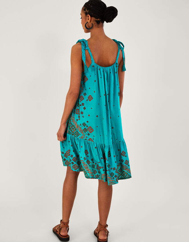 Tile Print Pintuck Mini Dress, Blue (TURQUOISE), large
