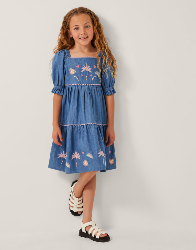 Embroidered Puff Sleeve Denim Dress, Blue (BLUE), large