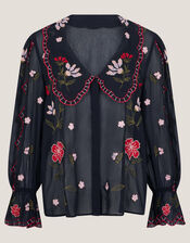 Laila Sheer Embroidered Collar Blouse, Black (BLACK), large