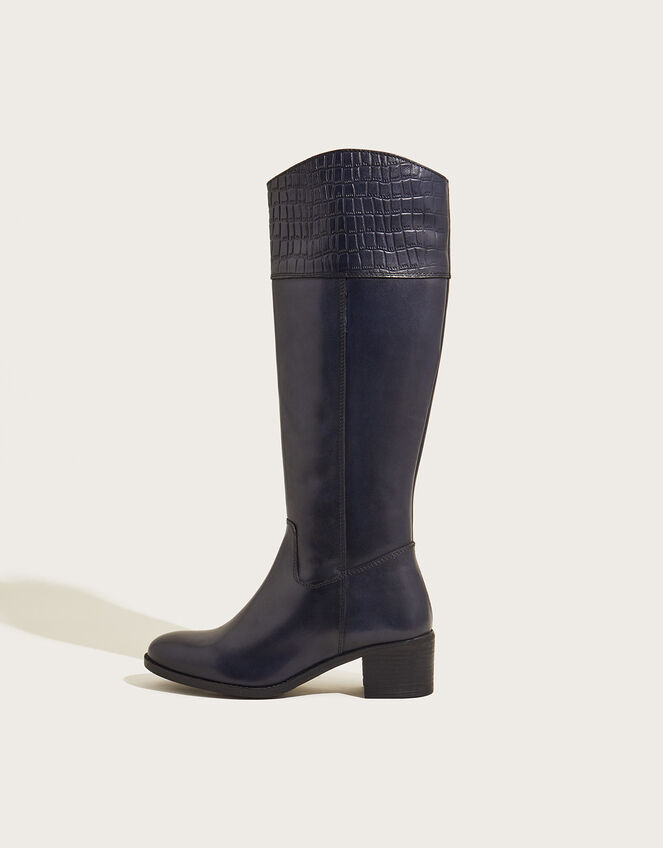 Croc Detail Leather Riding Boots, Blue (NAVY), large