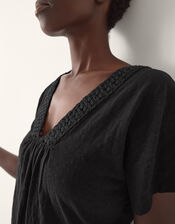 Amaya Crochet V-Neck T-Shirt, Black (BLACK), large