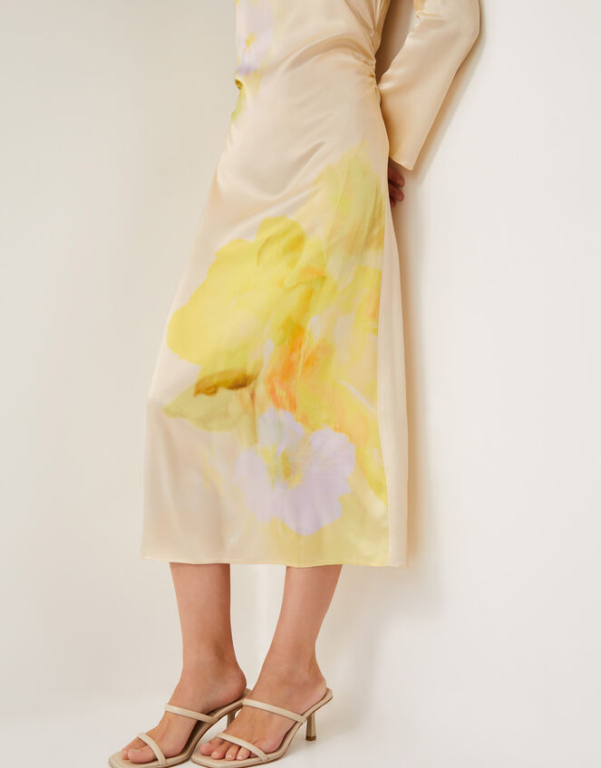 Camile Floral Satin Midi Dress, Yellow (YELLOW), large