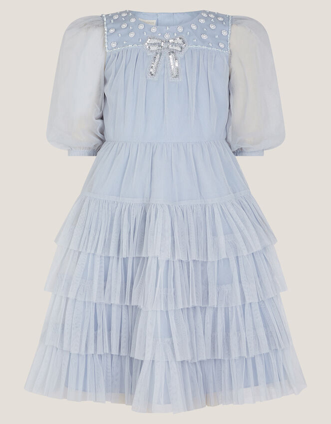 Long Sleeve Bow Beaded Ruffle Dress, Blue (BLUE), large