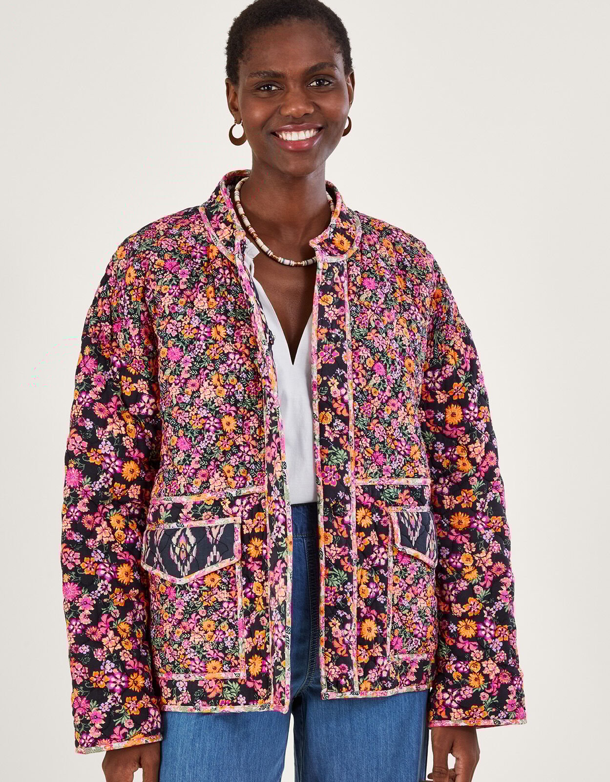 Ditsy Floral and Ikat Print Quilted Jacket in LENZING ECOVERO