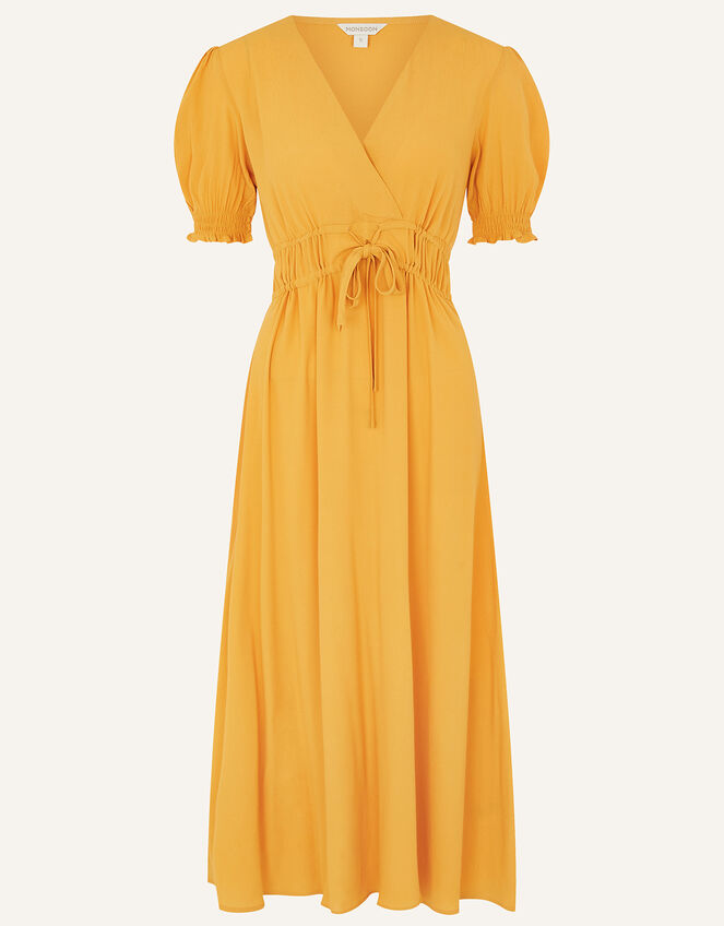 Ruched Midi Dress, Yellow (OCHRE), large