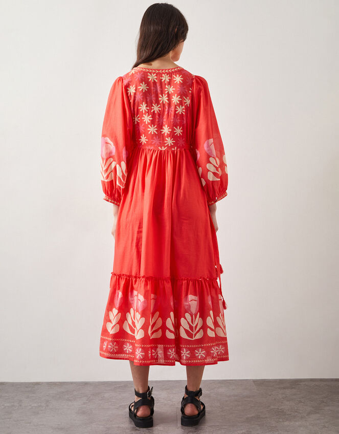 East Melba Print Long Sleeve Midi Dress, Orange (CORAL), large