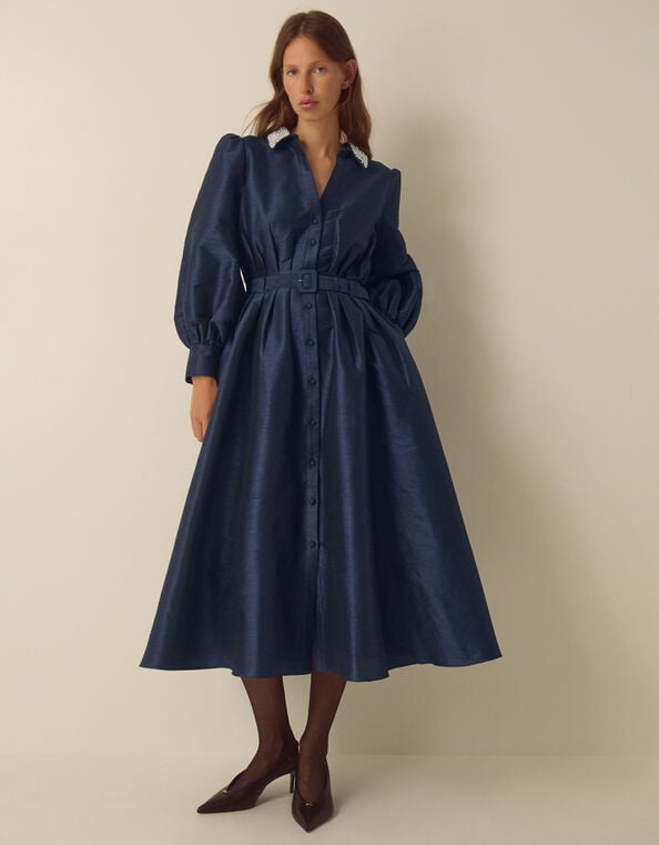 Hallie Embellished Collar Midi Shirt Dress, Blue (NAVY), large