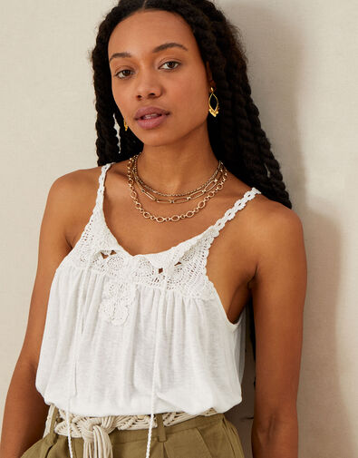 Linen Embroidered Plain Jersey Cami with LENZING™ ECOVERO™  Ivory, Ivory (IVORY), large