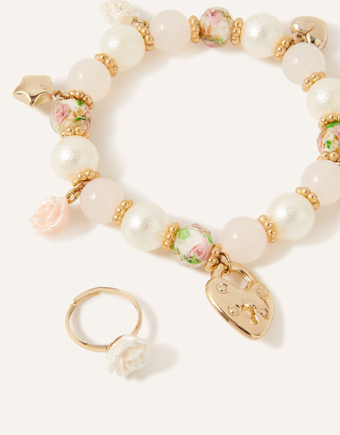 Pretty Bead Charm Bracelet and Flower Ring	, , large