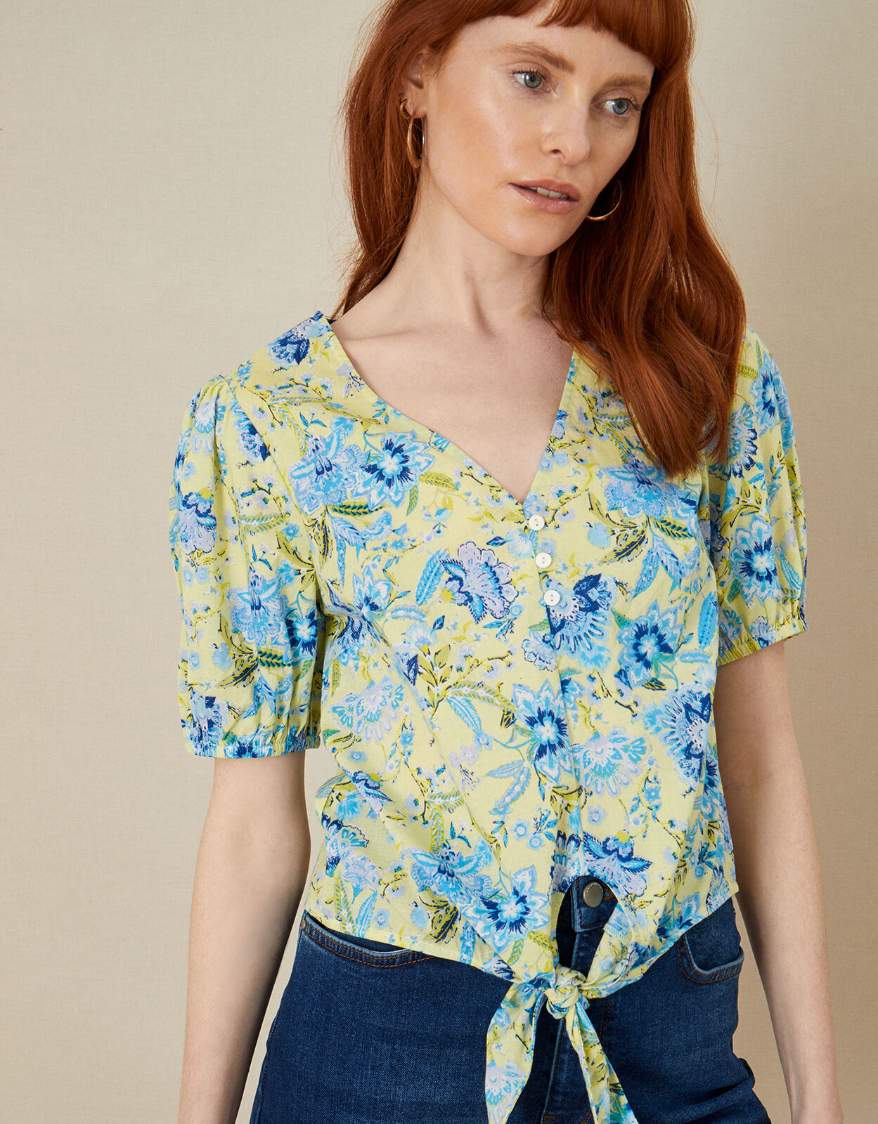 Yellow floral print tops top blouses