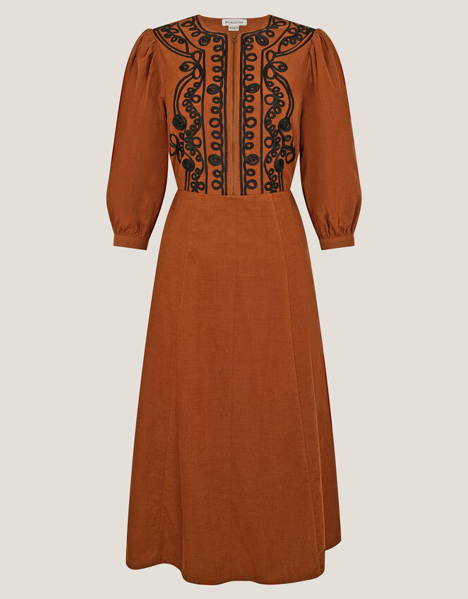 Leah Embroidered Corduroy Midi Dress, Copper (COPPER), large