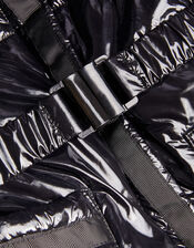 High Shine Ruffle Padded Coat, Black (BLACK), large