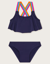 Cross-Back Strap Frill Bikini Set, Blue (NAVY), large