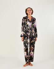 Foil Floral Print Satin Pyjama Set, Black (BLACK), large
