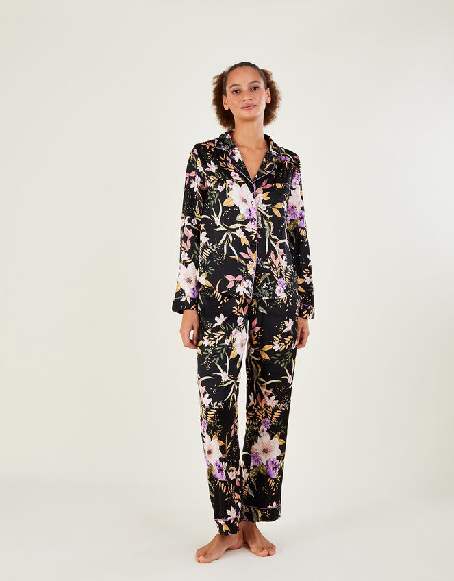 Foil Floral Print Satin Pyjama Set, Black (BLACK), large