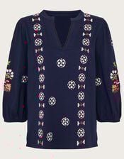 Embroidered Jersey Top, Blue (NAVY), large