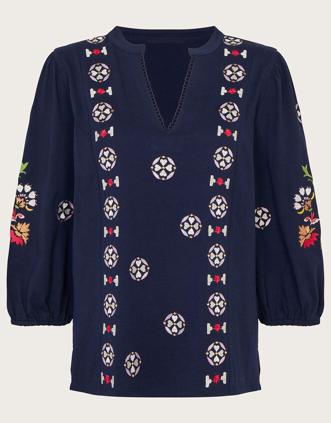 Embroidered Jersey Top, Blue (NAVY), large