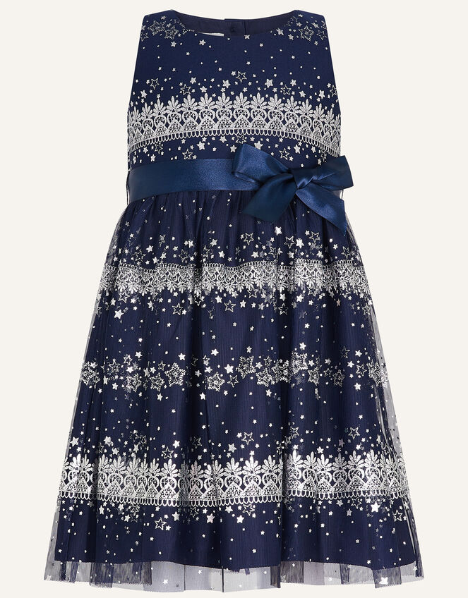 Baby Felicity Foil Print Mesh Dress, Blue (NAVY), large