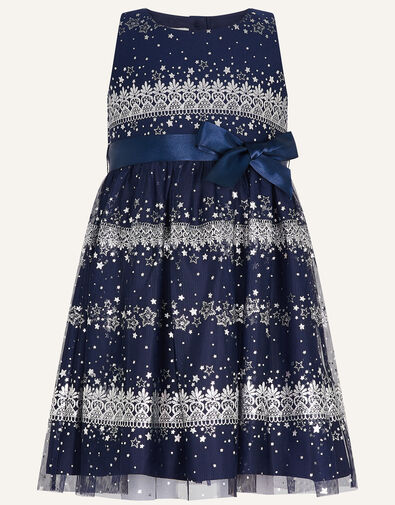 Baby Felicity Foil Print Mesh Dress Blue, Blue (NAVY), large